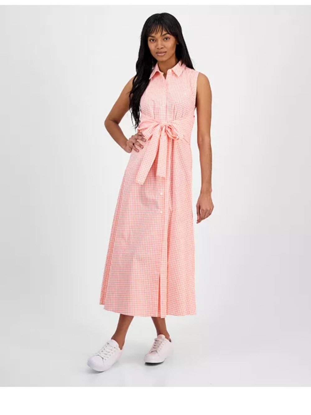 Nautica Pink Gingham Sleeveless Tie-Waist Maxi Dress